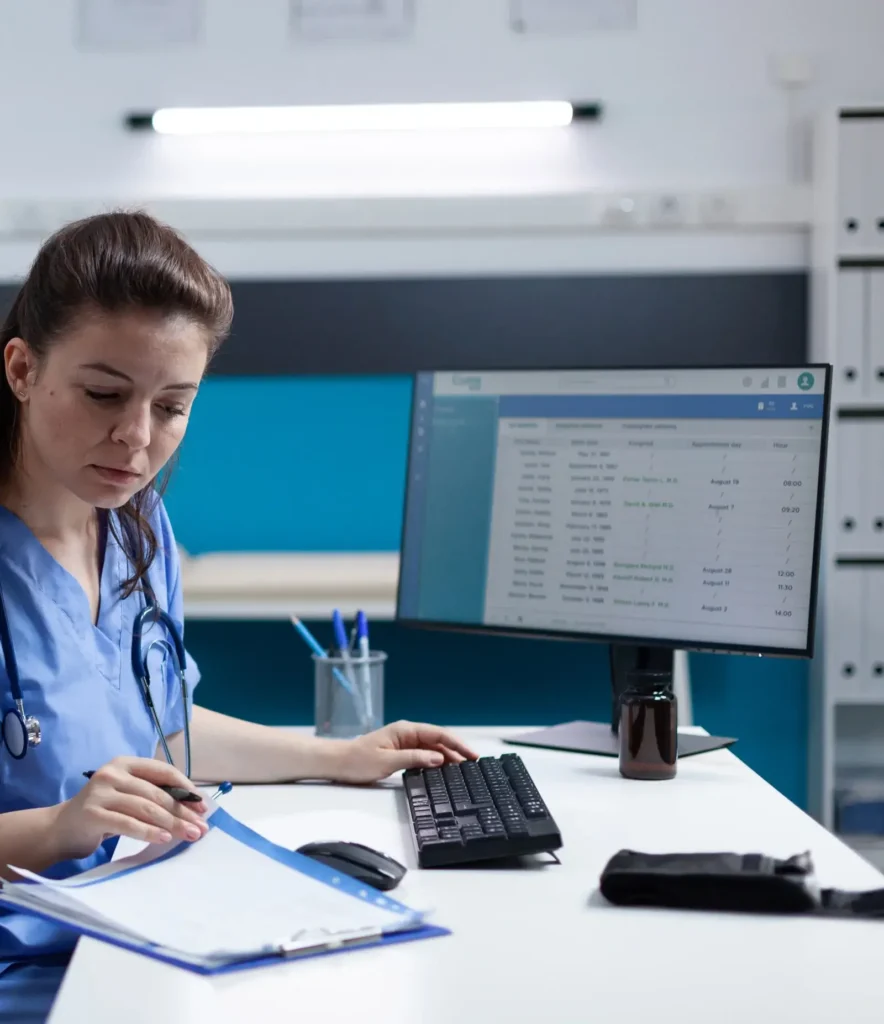 Pharmacist nurse with stethoscope analyzing healthcare treatment